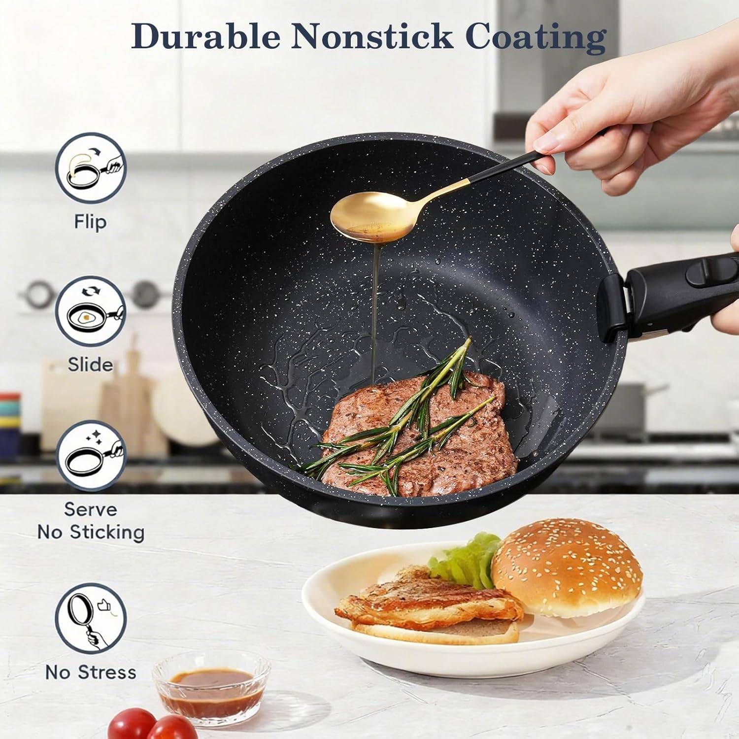 15 Piece Pots and Pans Set, Safe Nonstick Cookware Set Detachable Handle, Induction Kitchen Cookware with Removable Handle, RV Cookware Set, Dishwasher & Oven Safe image number 6