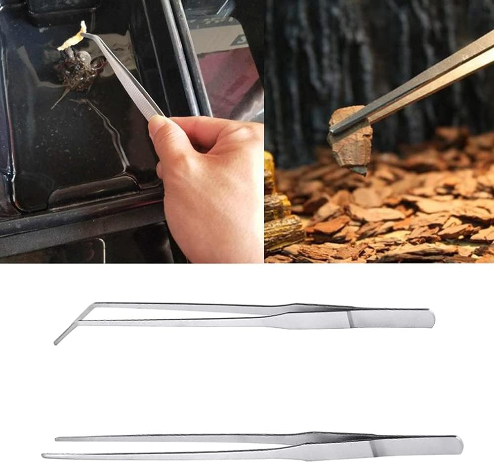 MMOBIEL 2 Pcs Stainless Steel Tweezers/Tong 27Cm / 10.6 Inch Extra Long Straight/Curved with Precision Serrated Tip for Aqua Scaping, Garden Work, Cooking, Industrial Work, Laboratory Use. image number 3