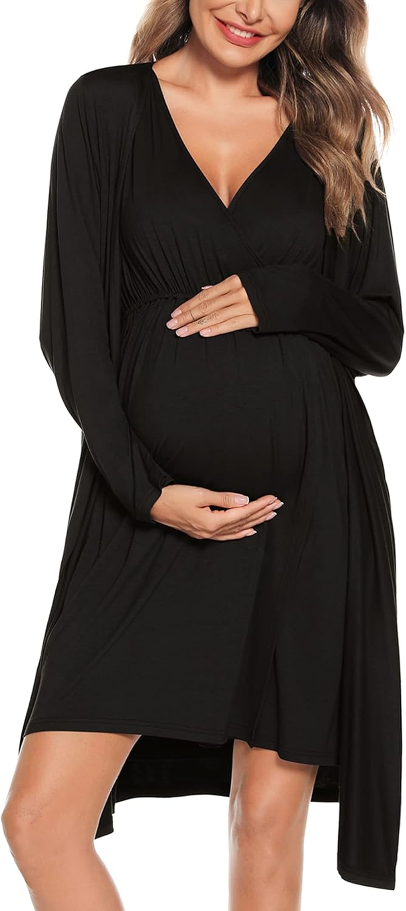 SWOMOG Women Maternity Nursing Gown and Robe Set 3 in 1 Labor Delivery Nursing Nightgown for Breastfeeding Hospital Bathrobe