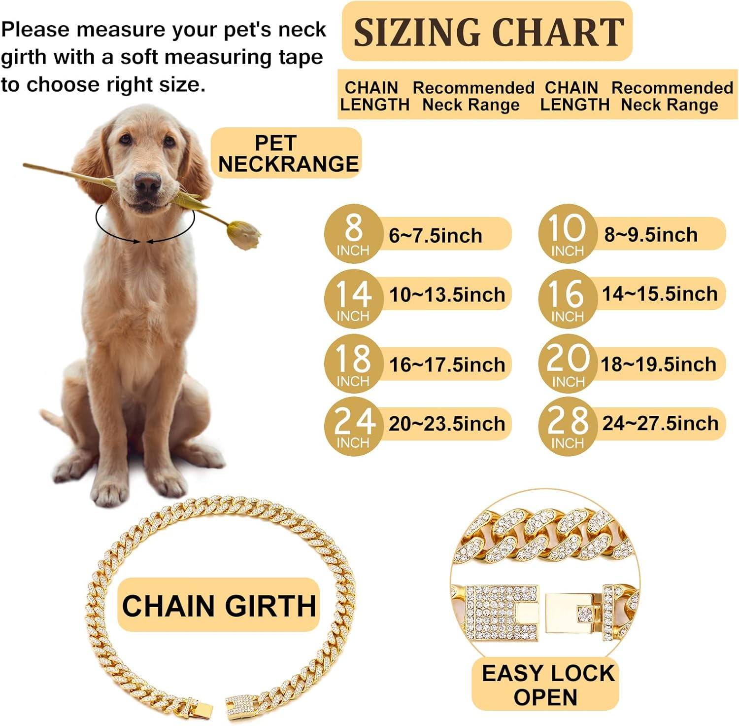 Flatfoosie Cuban Link Dog Collar Gold Silver Color Metal Dog Chain Collar Cuban Diamond Chain Pet Collars for Dogs Cats Jewelry 8/10/14/16/18/20/24/28 Inch (18Inch, Gold) image number 4