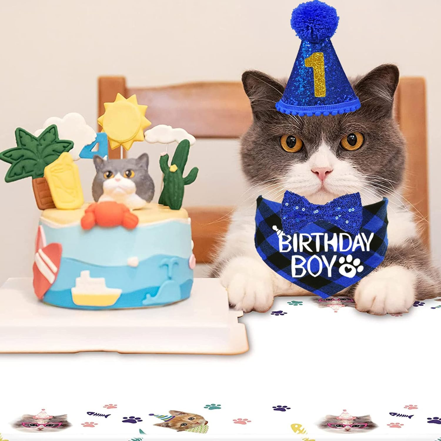 STMK Cat Birthday Decorations, Cat Birthday Hat with Number Bandana Bow Tie Collar for Cats Kittens Apparel Birthday Outfits image number 3