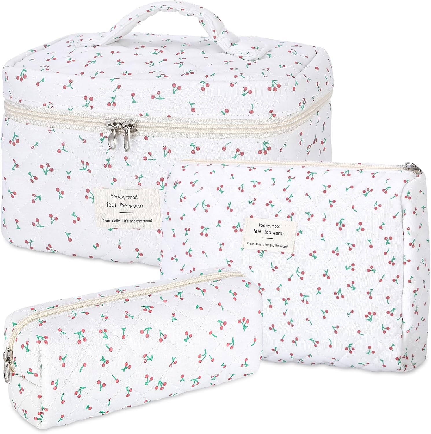 Senbowe Floral Makeup Bag, 3 Pack Large Cotton Quilted Makeup Bag Set, Cute Floral Coquette Aesthetic Toiletry Bag Make up Cosmetic Bag for Women, Toiletry Travel Make up Organizer Bag