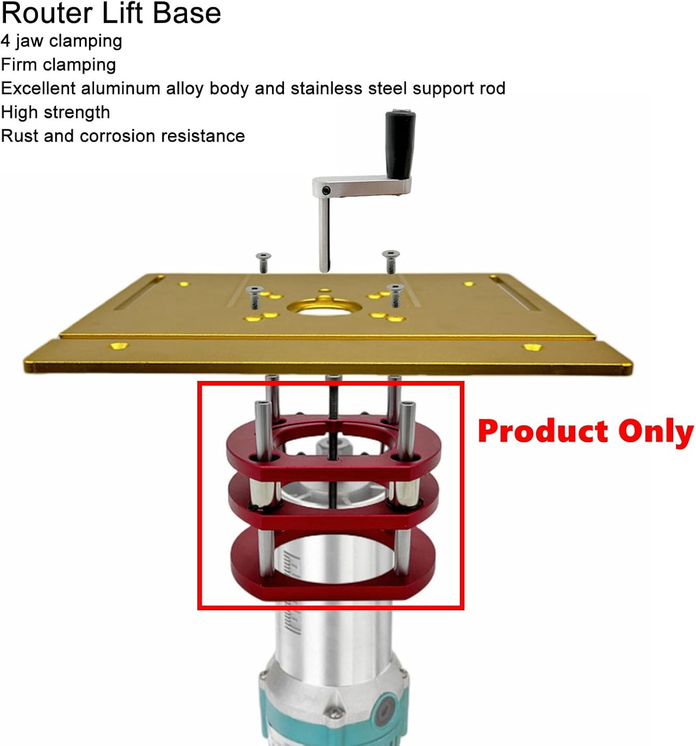 Router Lift Base, 4 Jaw Clamping Router Table Lift Base for 64-66Mm Diameter Motor, Metal Router Lift System Kit for Router Table Saw Insert Base Plate Lifting Height up to 20 Inch image number 3