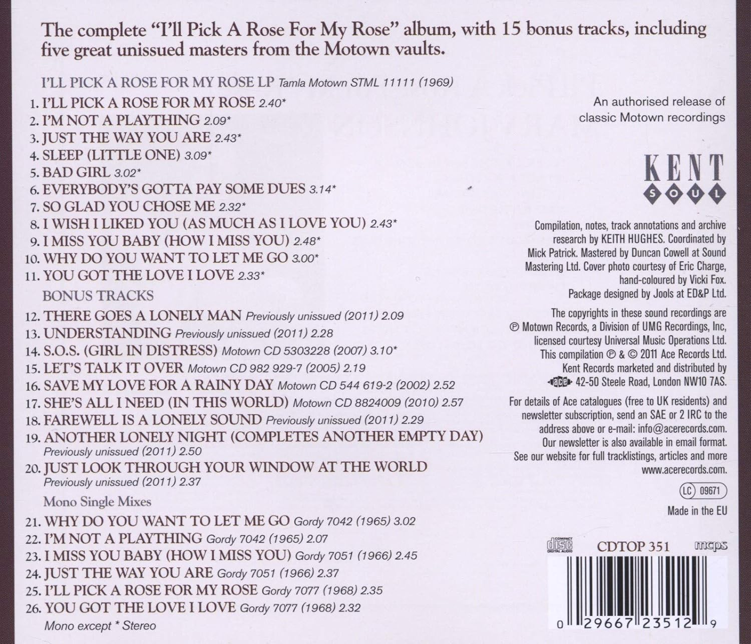 Ill Pick a Rose for My Rose Motown Rec 1964 1971