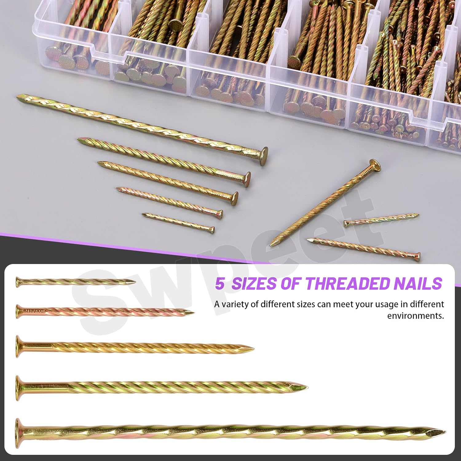 Swpeet 340Pcs 5 Sizes 40/60/80/100/150Mm Carbon Steel Colored Zinc Plated Fence Deck Nails Assortment Kit, Spiral Shank Spikes Spiral Deck Nail for House Floor Repairing Wall Woodworking