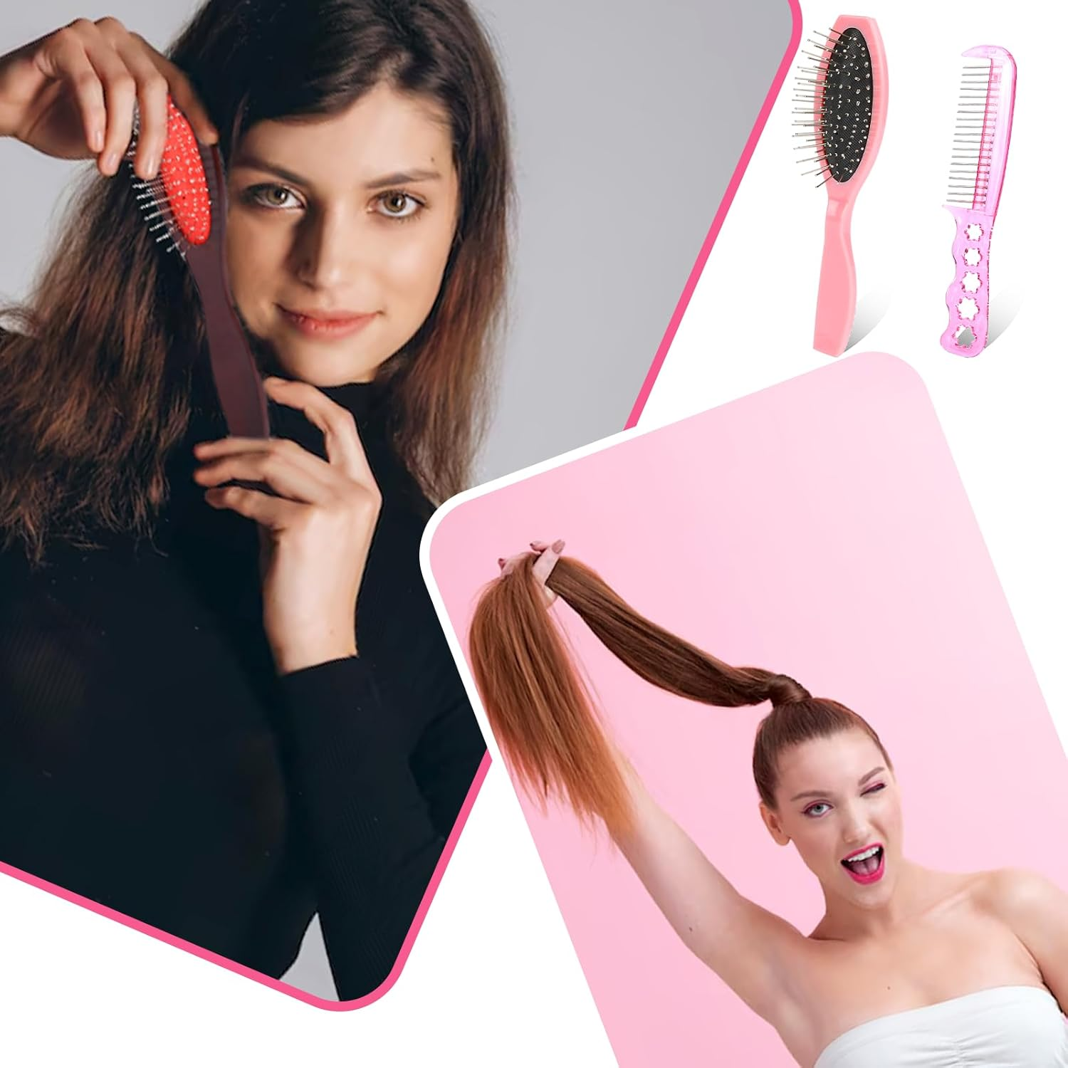 Hair Extension Brushes, 2 Pieces Wig Brush for Synthetic Wigs Portable Synthetic Hair Brush Metal Wire Wet Hair Comb Professional Stainless Steel Teeth Wig Brush for Women Girls Human Hair, Pink image number 3