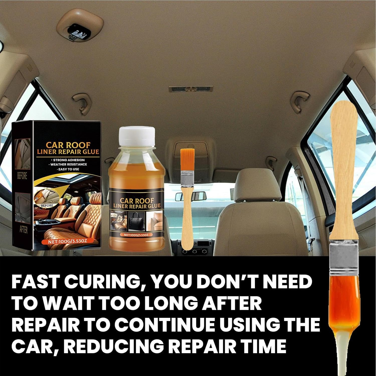Car Roof Liner Repair Glue - 100G Car Upholstery Glue | Strong Adhesive with Brush, inside Repair for Leather Polyester Sponge Canvas image number 4