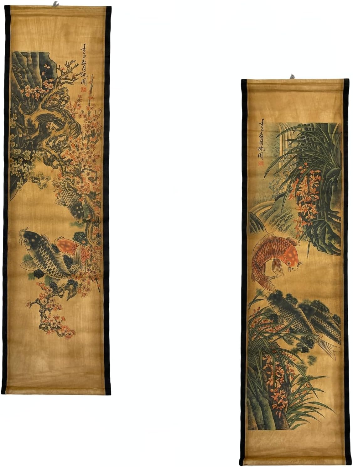 4Pcs/Set Wall Scroll Hanging Painting Decor Fish Flower Fengshui, Ancient Paintings Replica Asia Traditional Art, Attract Wealth Four Seasons image number 5