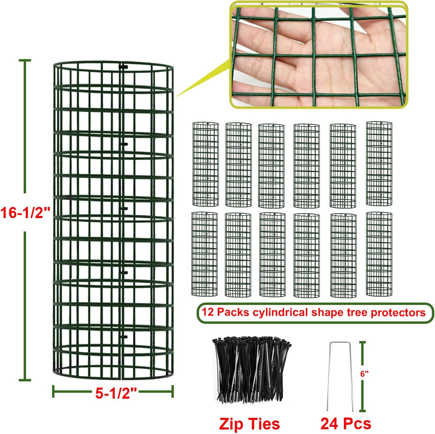 Tree Trunk Protector, 12 Pack Metal Mesh Tree Bark Protector 5'' Dia X 16-1/2'' H with Zip Ties & Stakes, Expandable Tree Guards Trunk Protector, Tree Protectors from Deer, Trimmers (12 Packs) - 6 Packs image number 2