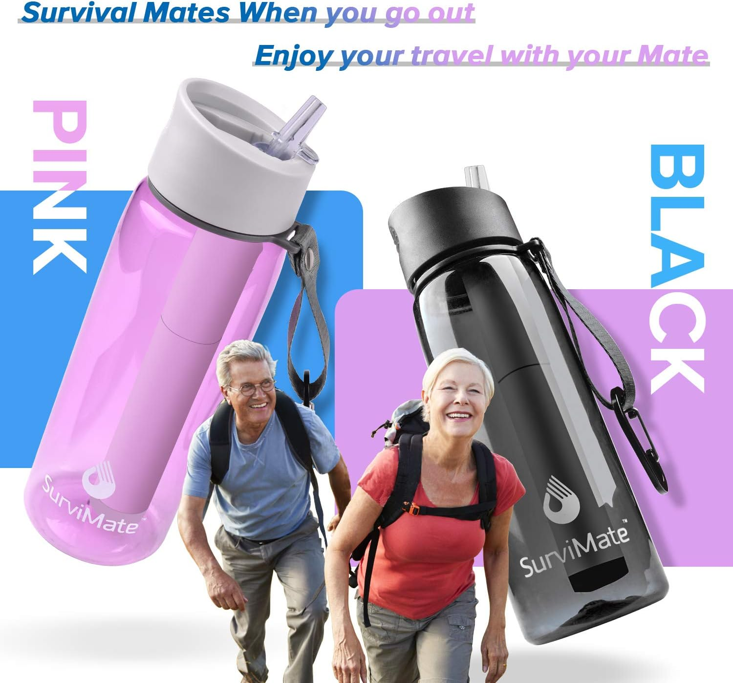Survimate Filtered Water Bottle, BPA Free Tumblers with 4-Stage Intergrated Filter Straw for Camping, Hiking, Backpacking and Travel - Black Blue image number 6