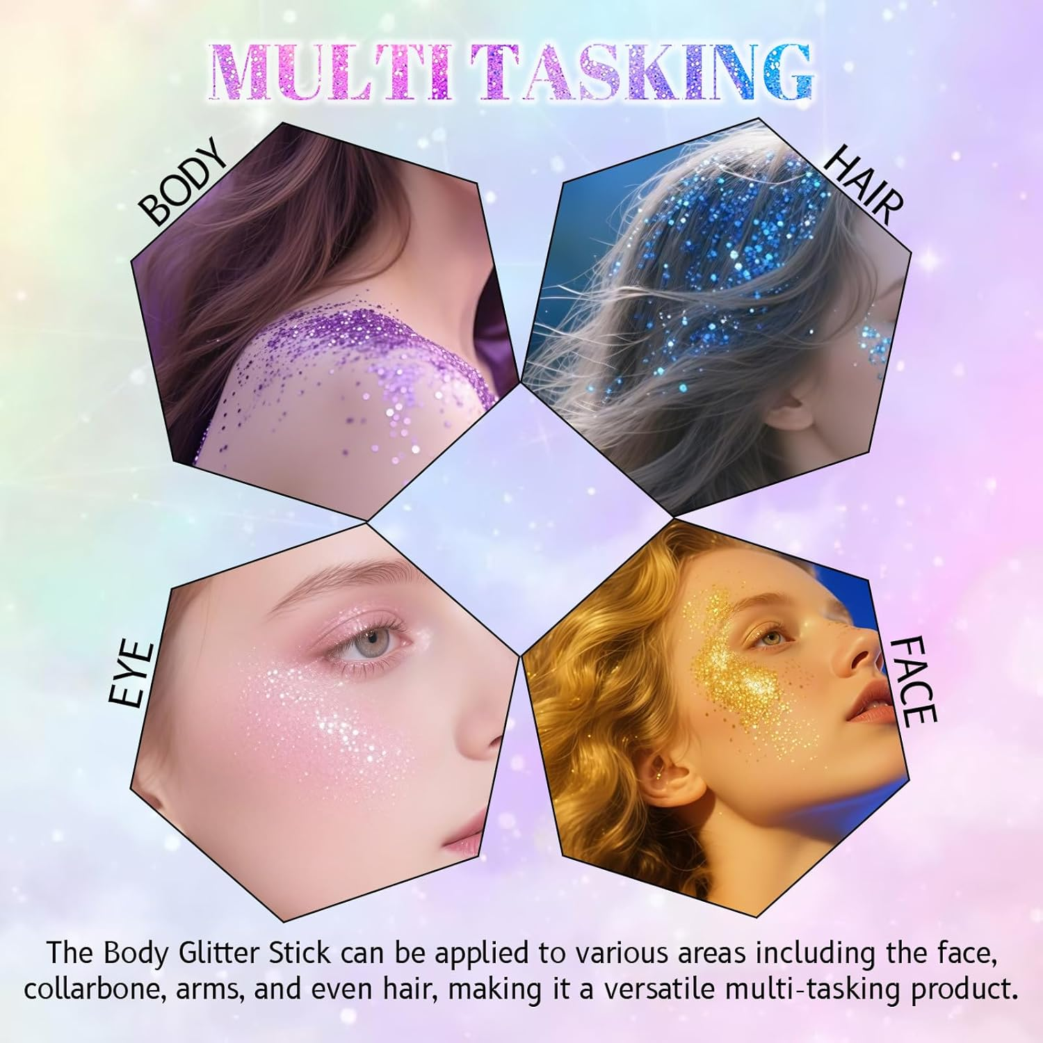 YBUETE Face Body Glitter Stick,6 Colors Hair Body Glitter Stick for Singer Concert Outfit Cosplay Rave Accessories for Women,Glitter Nail Sequins Iridescent Flakes for Festival Rave Halloween Makeup image number 3