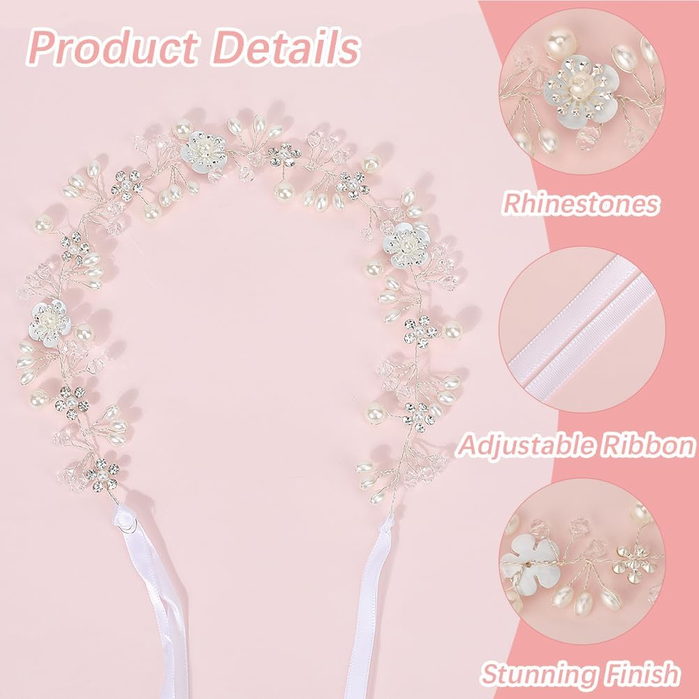 CABODYALS White Flower Pearls Hair Crown Silver Beads Vines Headpiece Vintage Boho Fairy Beads Headband Crystal Bridal Jewellery Headbands for Women Wedding Hair Dresses Birthday Party Accessories
