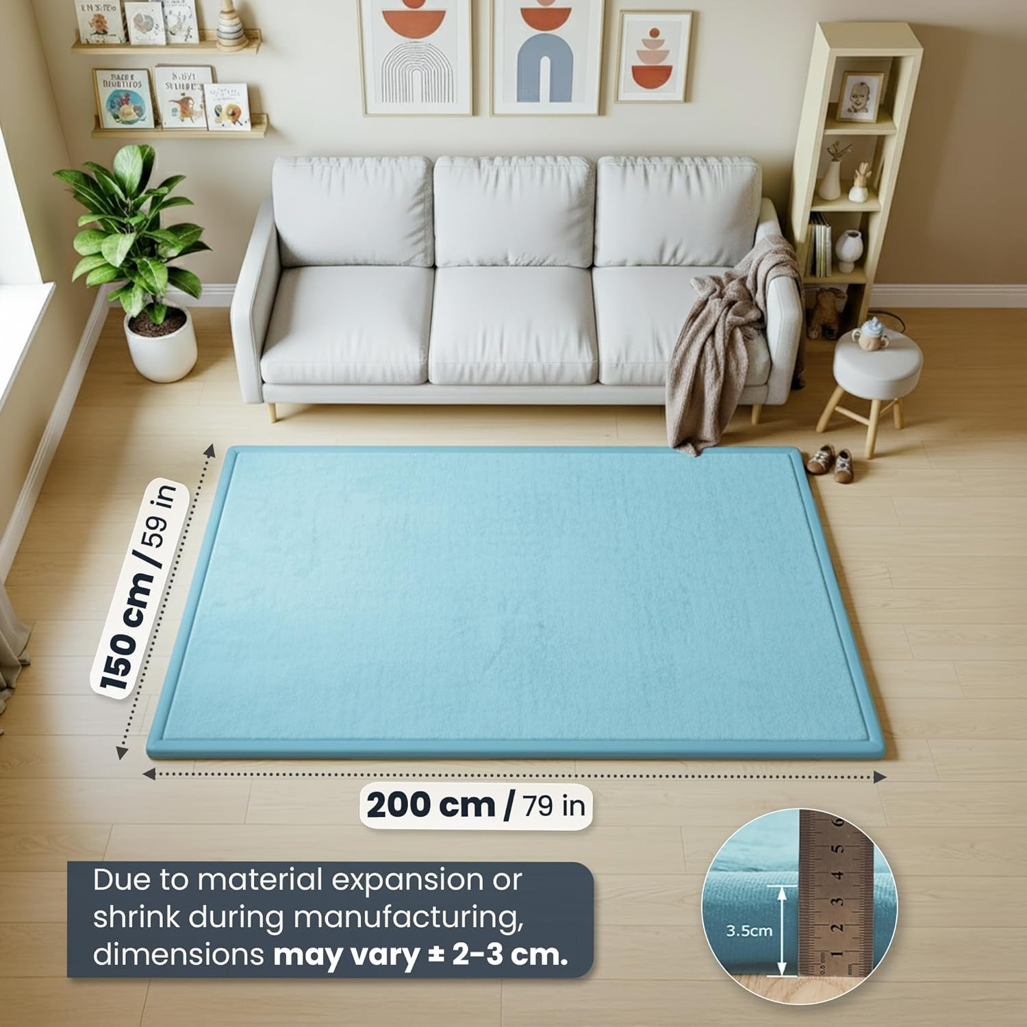 Baby Play Mat 150X200Cm, Extra Thick 3.5Cm Mellow Memory Foam Tatami Muscle Mat, Non-Slip, Water-Repellent Velvet Rug for Nursery, Crawling & Tummy Time, Elastic Strap Included