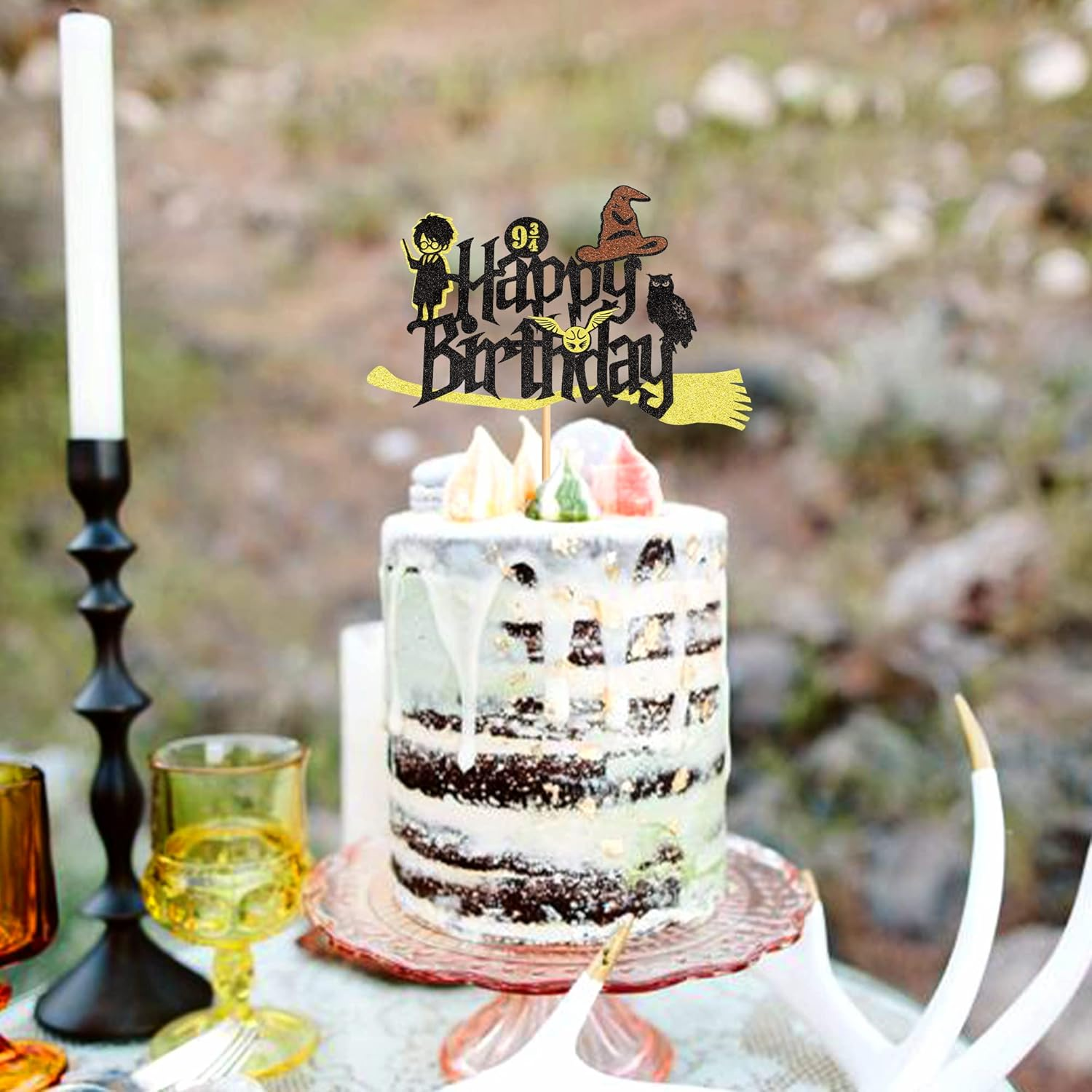 1Pc Glitter Black Magical Wizard Inspired Cake Topper Happy Birthday Cake Topper Pick for Magic Theme Party Supplies - Wizard-3 image number 4