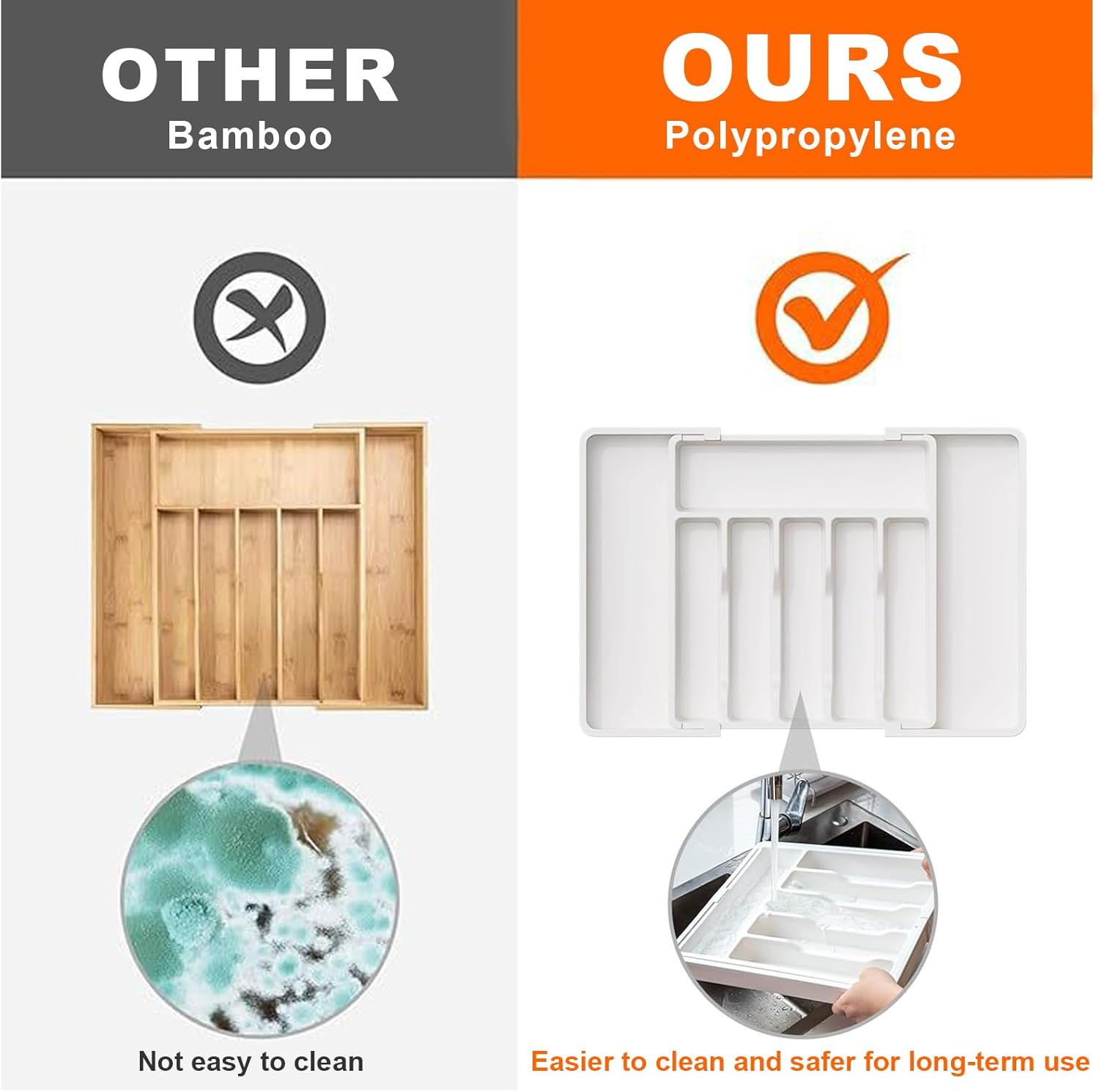 Utensil Drawer Organizer, Expandable Utensil Tray for Kitchen, Adjustable Flatware and Cutlery Holder, Compact Plastic Storage for Spoons Forks Knives (White) - Black image number 2