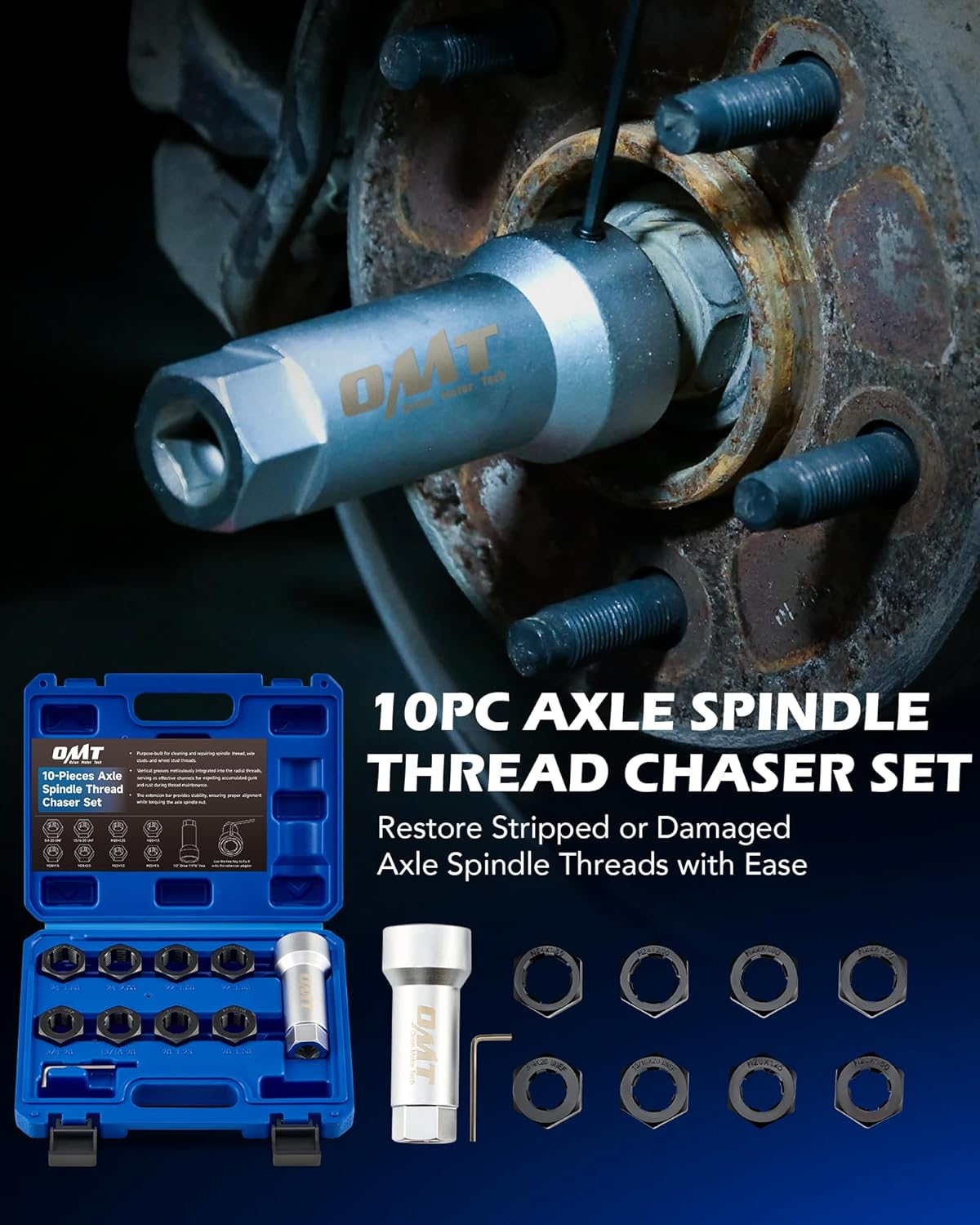 Orion Motor Tech 10Pc Axle Spindle Threading Set, Axle Thread Repair Kit with 8 Dies 1-1/16" Extension Bar, Axle Nut Rethreader with M20 M22 M24 & 13/16" 3/4" UNEF Nuts, Rethreading Tool Kit with Case
