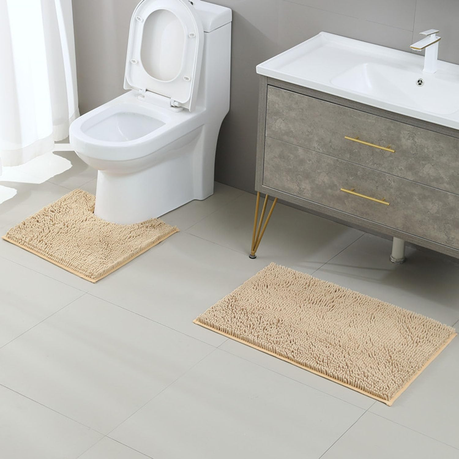 Taicols Bath Mat Set, 2 Pcs Non-Slip Microfiber Shag Bathroom Rug Mat, Chenille Non-Slip Back Bathroom Mat, U Shape Toilet Rug Fleece Softness, Bathroom Carpet, Super Soft Microfiber Bath Rug (Camel)