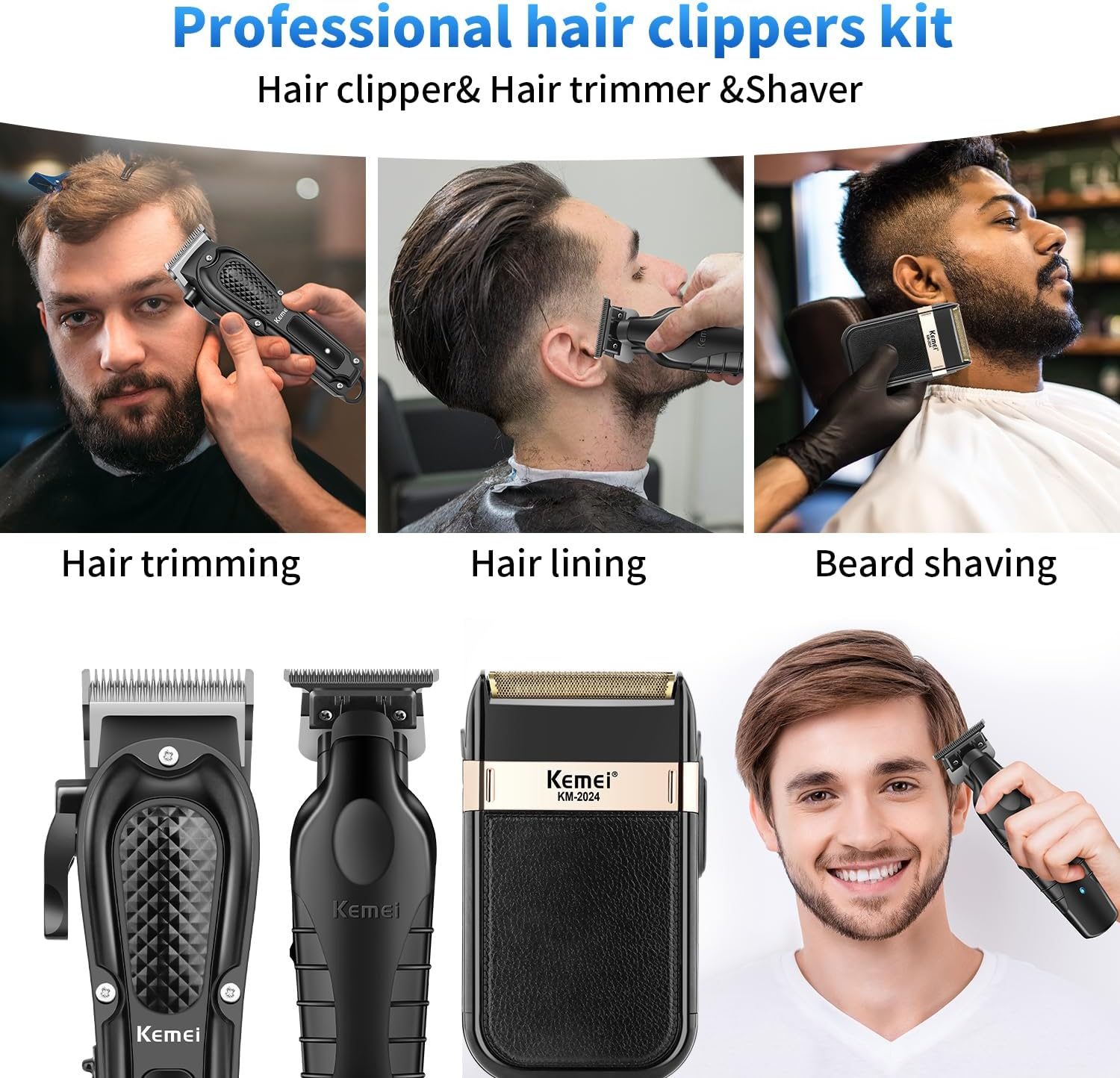 KEMEI Professional Hair Clippers for Men, Cordless Barber Clipper T-Blade Beard Trimmer Foil Shaver Set, Rechargeable Electric Fade Clipper Hair Cutting Kit, KM-1071, KM-2299, KM-2024