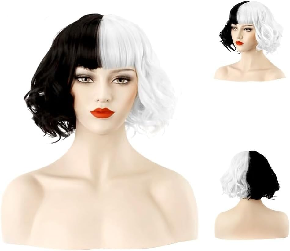 Short Black and White Wig Wavy Half Black and Half White Heat Resistant Women Wig Hair Wig for Daily Costume Cosplay Halloween Party image number 1