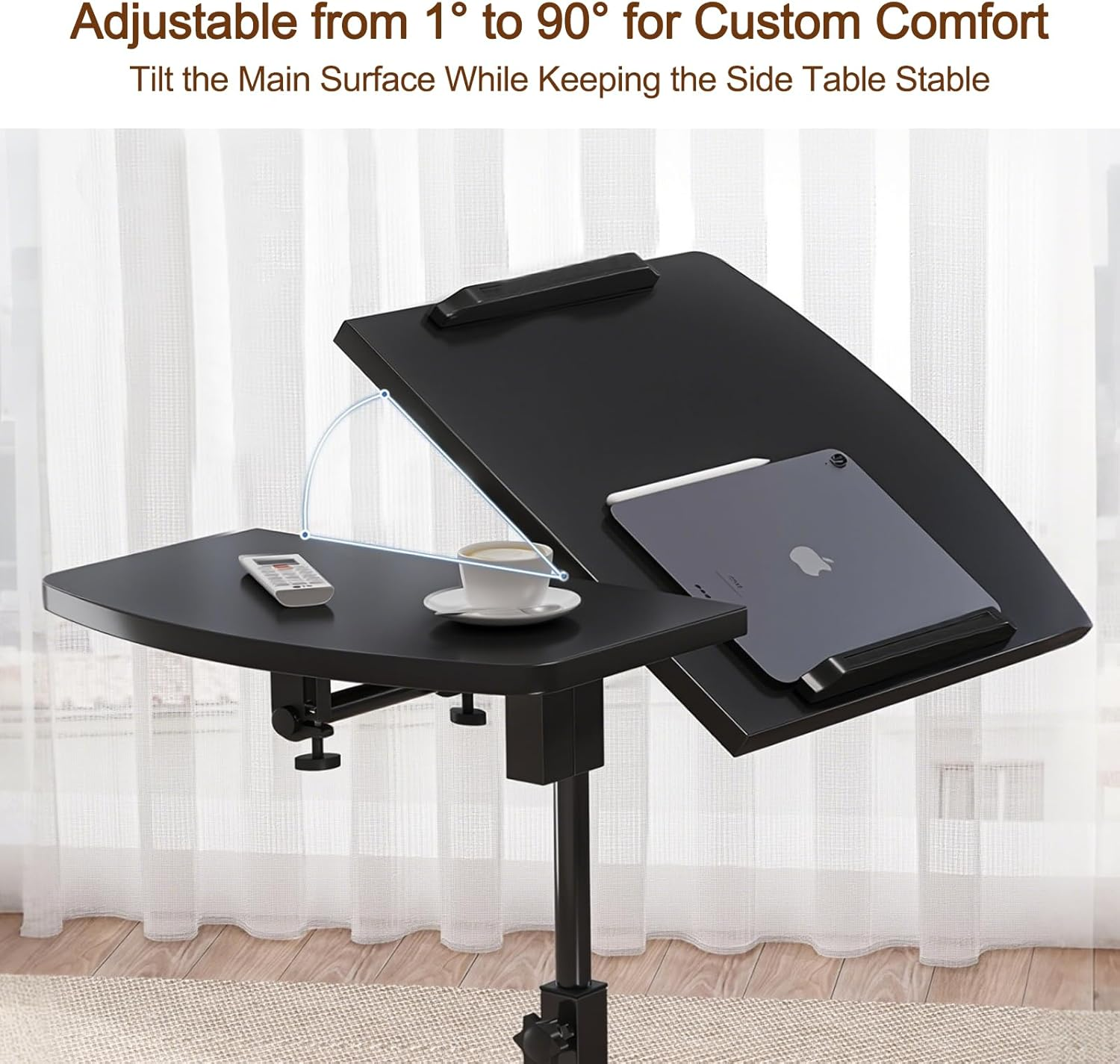 ONEIN Adjustable Laptop Table for Bed Couch Sofa, Portable Standing Desk with Rolling Casters for Home Office, C Shaped Small Study Table, Tiltable & Stable (Black)