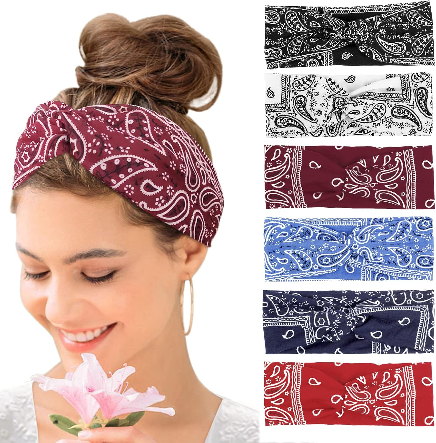 Women'S Hair Bands Wide Elastic Soft 6 Pieces Summer Boho Headband Print Hair Accessories Yoga Sports Hairband Multicoloured Thin Headbands (G)