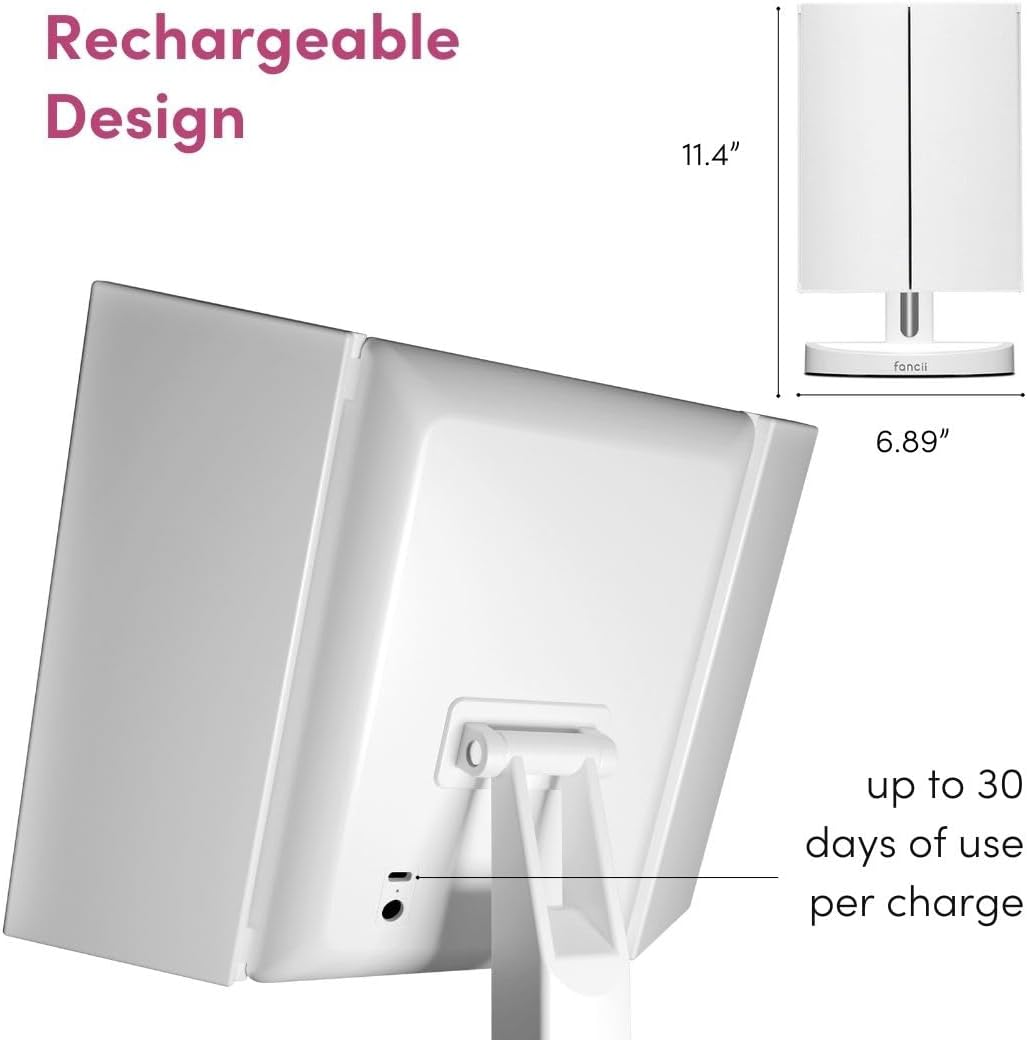 Fancii LED Lighted Makeup Mirror, Rechargeable Vanity Trifold Mirror with 5X & 10X Magnifications - 68 Dimmable Natural Lights, Touch Screen, Best Adjustable Make up Mirror with Cosmetic Stand, Tria 2 image number 6