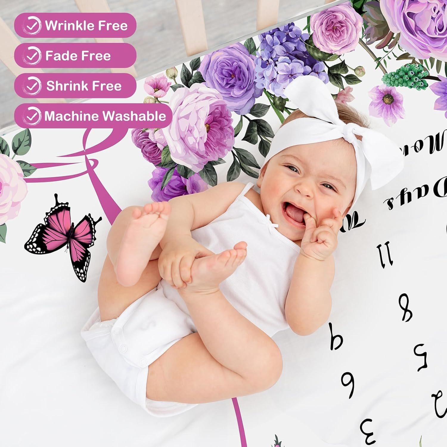 Baby Monthly Milestone Blanket for Baby Girl 59"X39" Floral Photo Prop Age Milestone Blanket with 2 Felt Floral Wreath Frame(Purple,Flower) image number 1