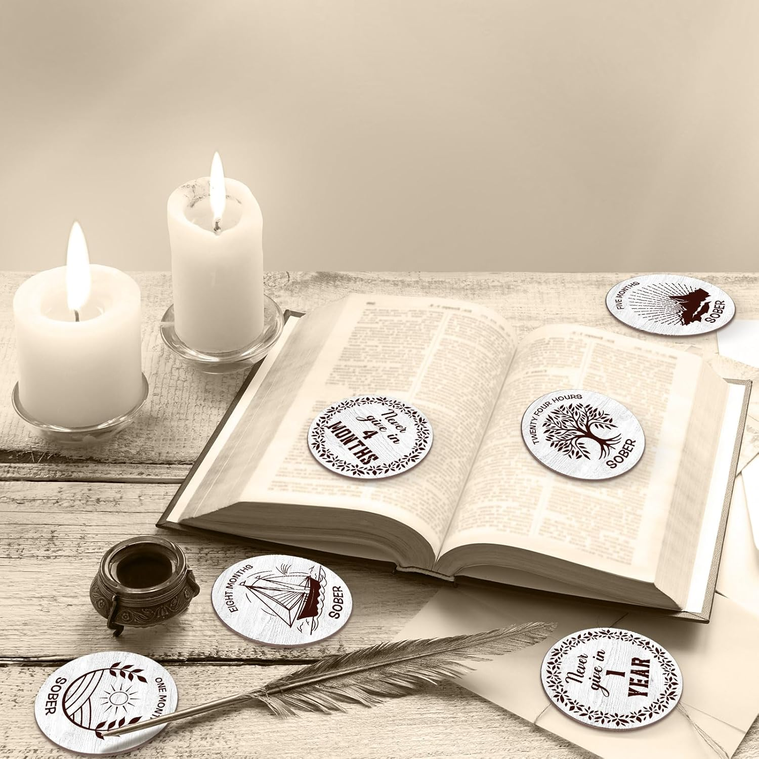 28 Pcs Wooden Sobriety Coin Gift Set, Recovery Sobriety Chip One Year AA Chips and Medallions Anniversary Sobriety Gifts for Men Alcoholics Anonymous Addiction Recovery Gift(White) - Wood Color image number 7