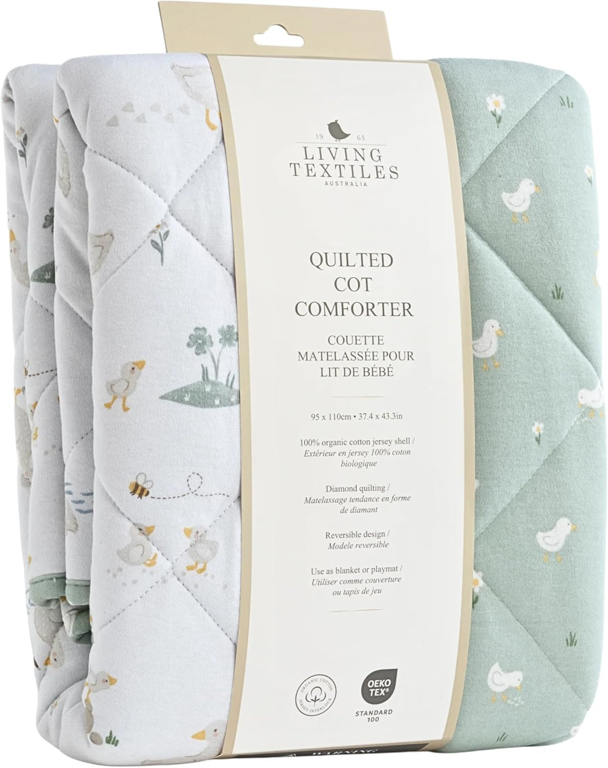 Living Textiles Organic Reversible Cot Comforter - Tractor Ride, Premium Fabric for Baby'S Best Comfort, Super Soft Baby Quilt for Crib Bed, Stroller, Cot,Moisture Resistant - 95 X 110Cm