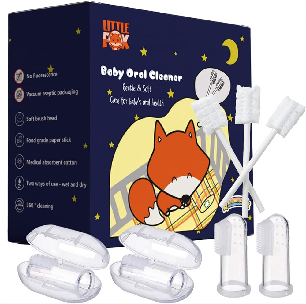 Little Fox [60 Pcs] Baby Oral Cleaner +2 Pcs Finger Toothbrush with Cases, Baby Tongue Cleaner, Newborn Toothbrush, Disposable Tongue and Gum Cleaner, Infant Oral Care and Cleaning for 0-36 Month Baby image number 4