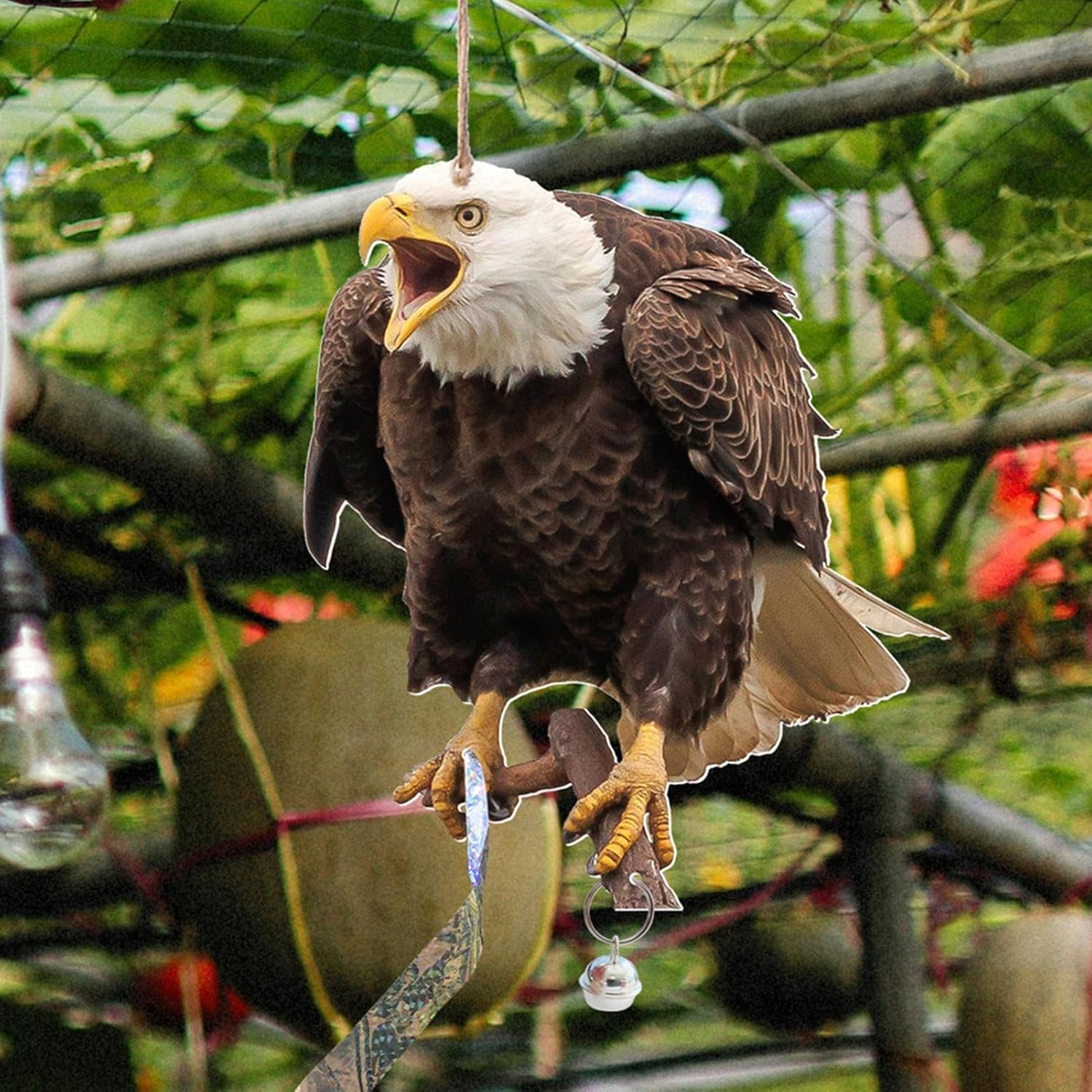 2 Pieces Hanging Hawk Bird Scarers for Gardens, Farm Protector Bird Scarer with Deterrents Reflective Tape, Pigeon Deterrents Scarers Hawk, Hawk Decoy to Scare Birds Away from Garage Home Roofs Ponds