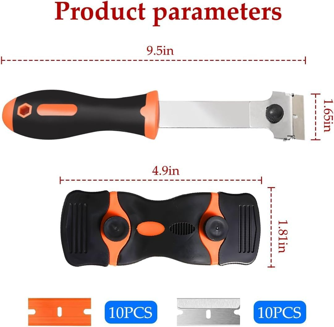 Window Razor Scraper Set, 2 Pack Long Handle Glass Cleaning Tools with 20 Blades Metal and Plastic Blades, Long Handle Cleaning Scraper Tools with Metal and Plastic Blades for Cleaning Sticker image number 6