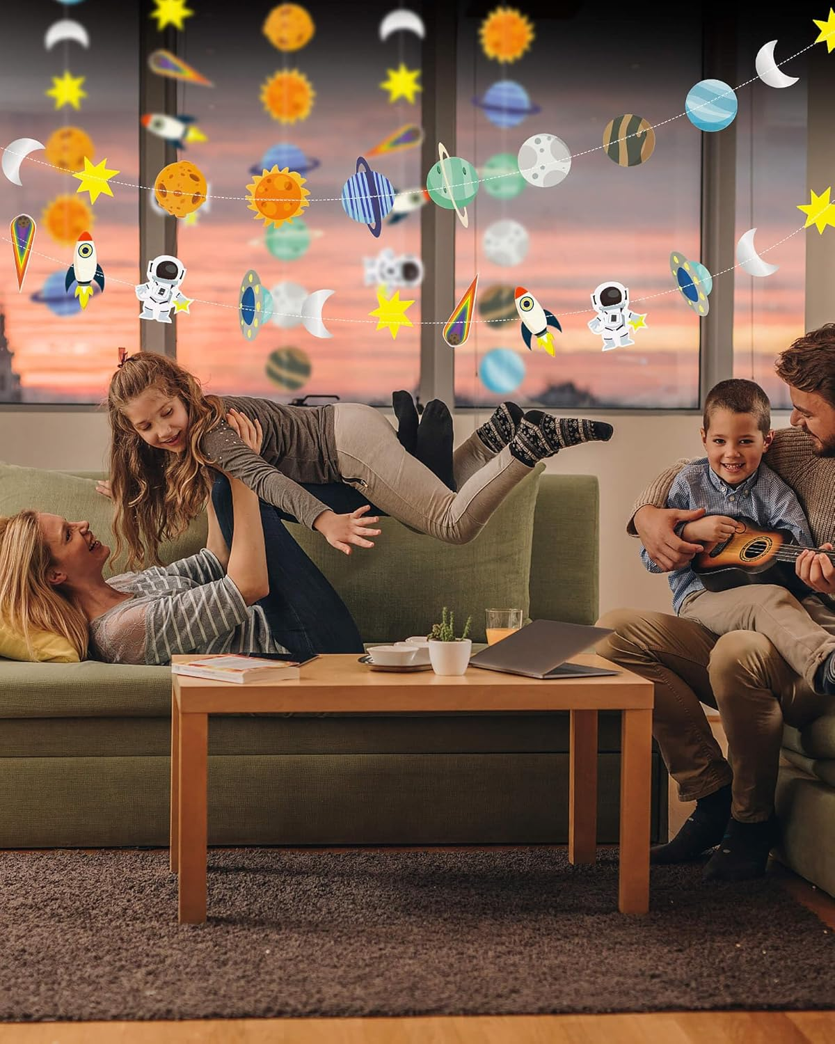 Galaxy Solar System Hanging Paper Garland, Astronauts Rockets Stars Hanging Decoration, Blast off to Outer Space Banner for Kids Bedroom Birthday Party Decor Supplies - Blue,Silver image number 4