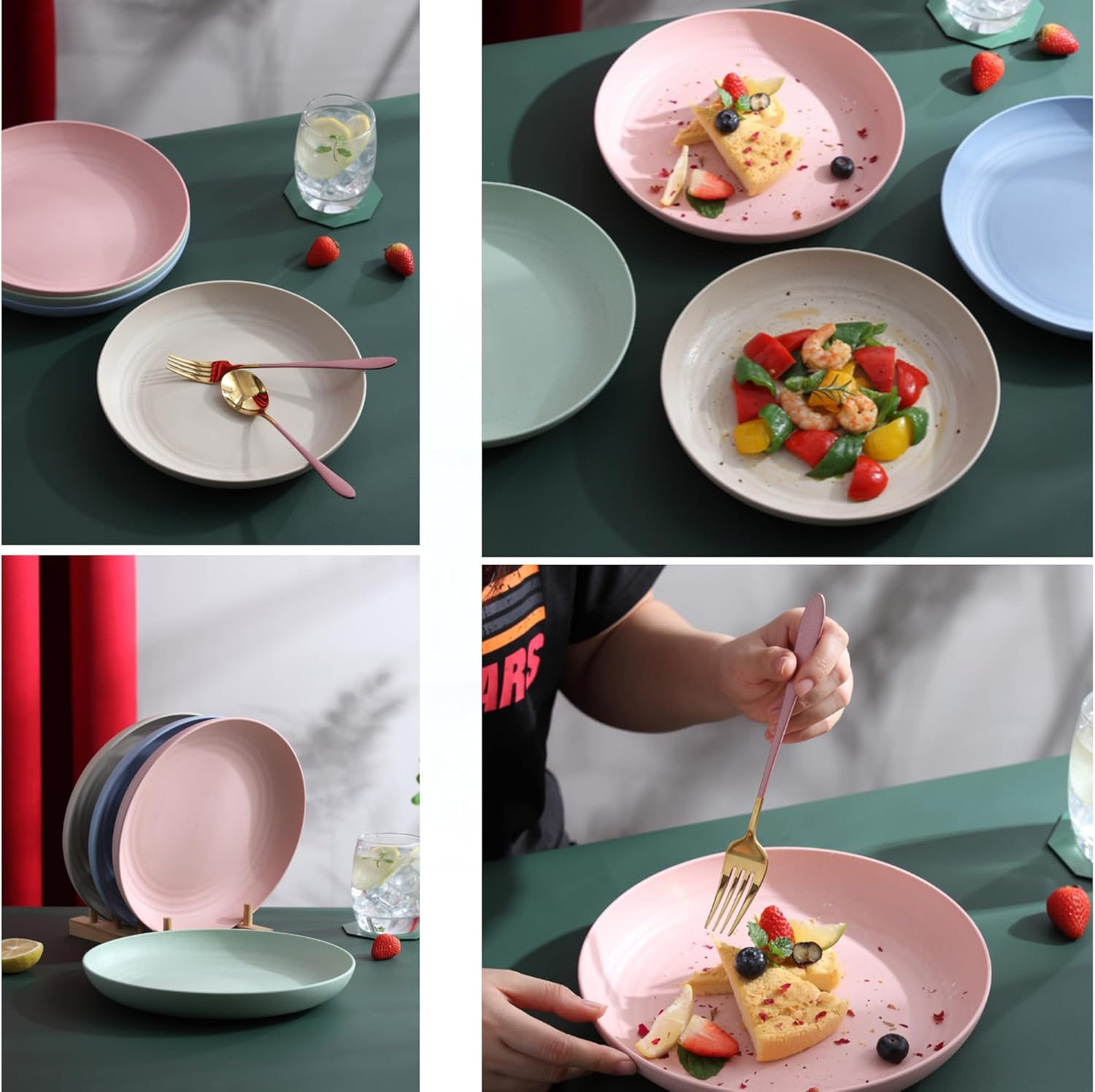 4 Pack Wheat Straw Plates Reusable Dinner Plates, Durable & Lightweight, Perfect for Home, Parties, Camping, and Outdoor Use Dishwasher Safe (25CM 9.8IN) image number 6