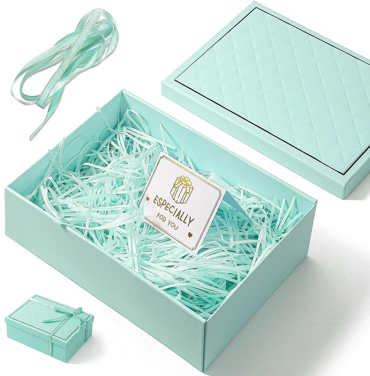 OSYLICT Gift Boxes with Lids,9.8 * 7 * 3.3 Inches with Card, Ribbon, Raffia Shredded Paper.Small Blue Gift Box for Presents,Christmas,Weddings, Birthdays,Bridesmaids. (Blue)