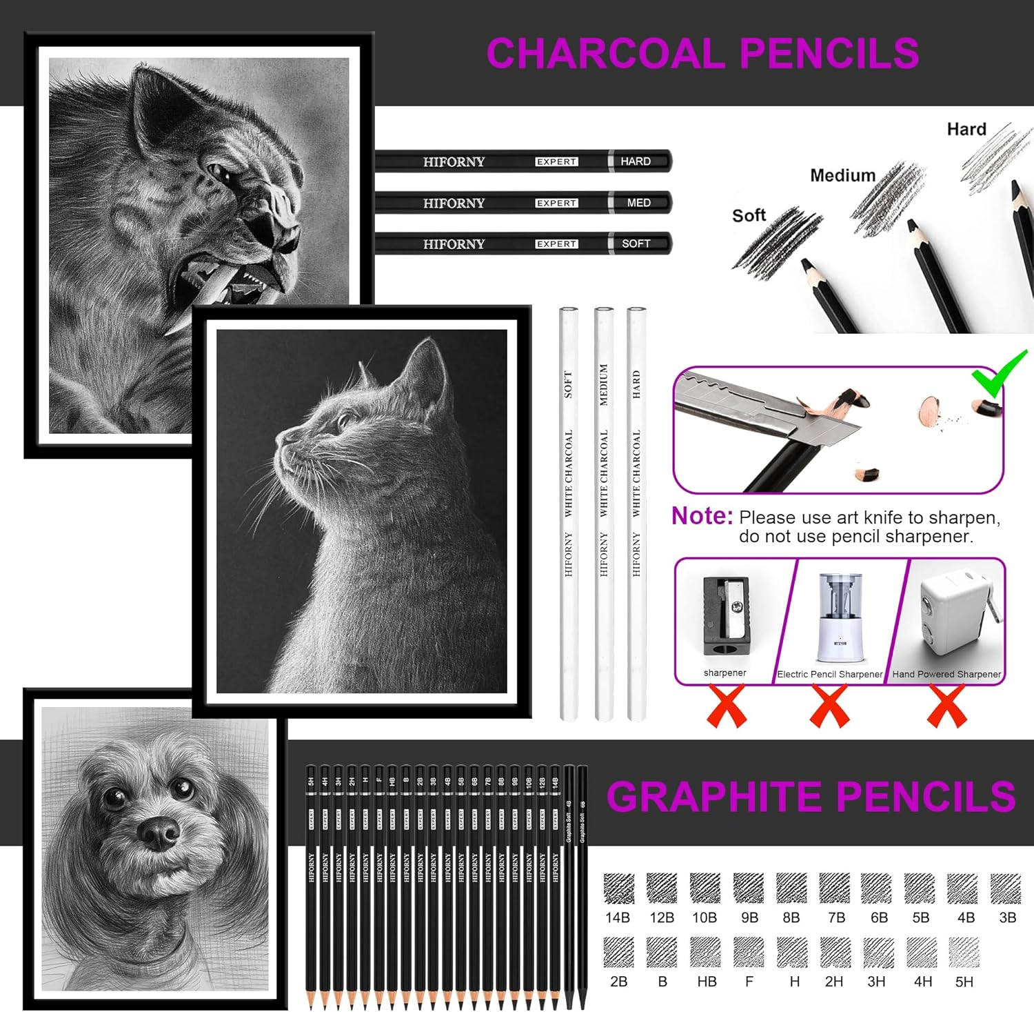 HIFORNY 70 Pcs Drawing Set Sketching Kit - Sketch Pencils Art Supplies for Adults Artists Kids with 3-Color Sketchbook,Graphite,Pastel,Charcoal Pencils,Blending Tools image number 2