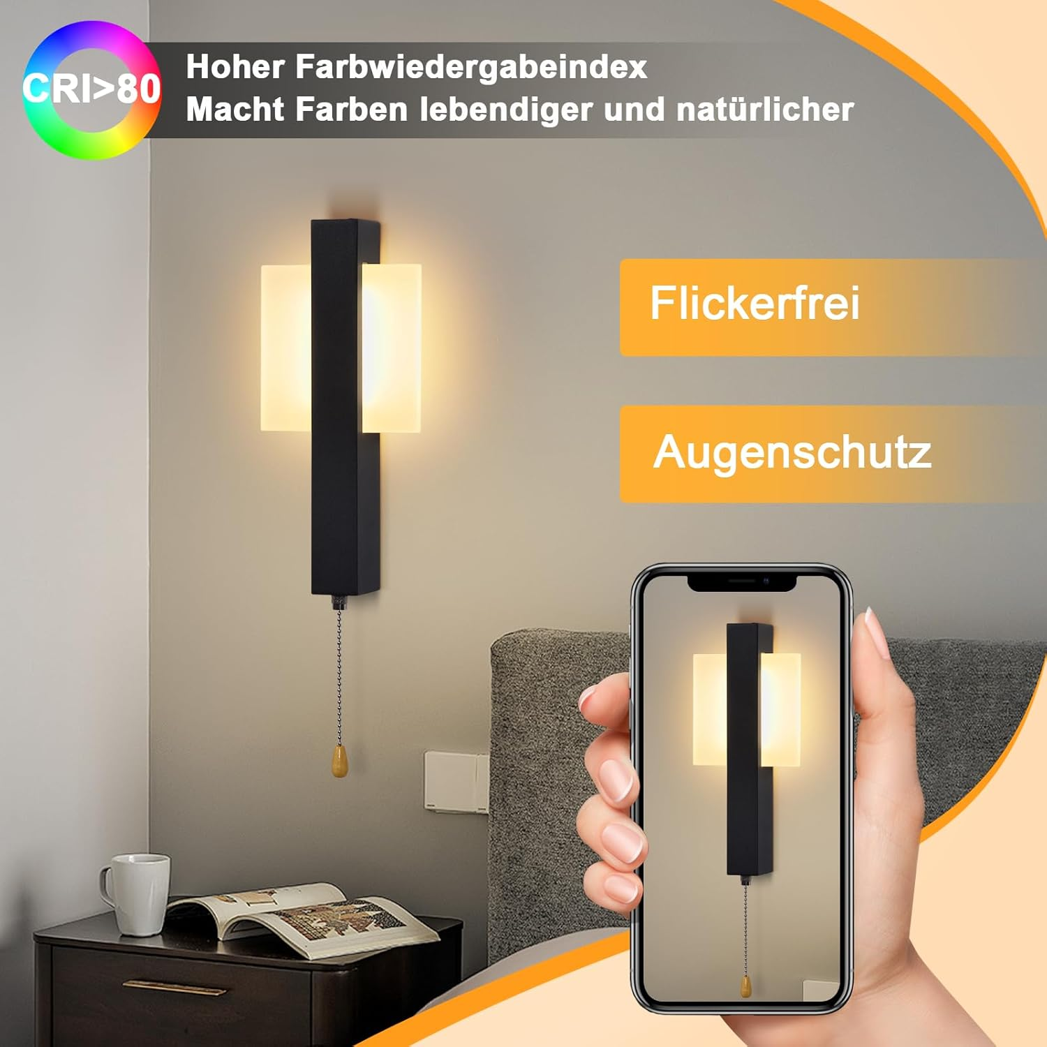 ZMH Indoor LED Wall Sconce with Switch - Black Modern Design with Pull Switch, Warm White 3000K, Square, Iron and Acrylic, 6W image number 4