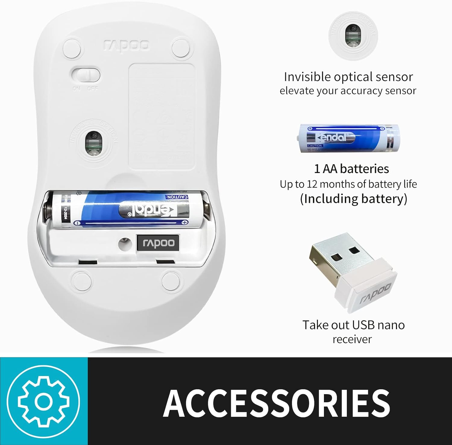 RAPOO 1680 Wireless Mouse, 2.4G Silent Mouse with USB Receiver, Ergonomic Mouse, Optical Mouse, Portable Light Computer Mice for Notebook, PC, Laptop, Computer, Long Battery Life, 1000 Dpi,Whiite - Mate Black image number 2