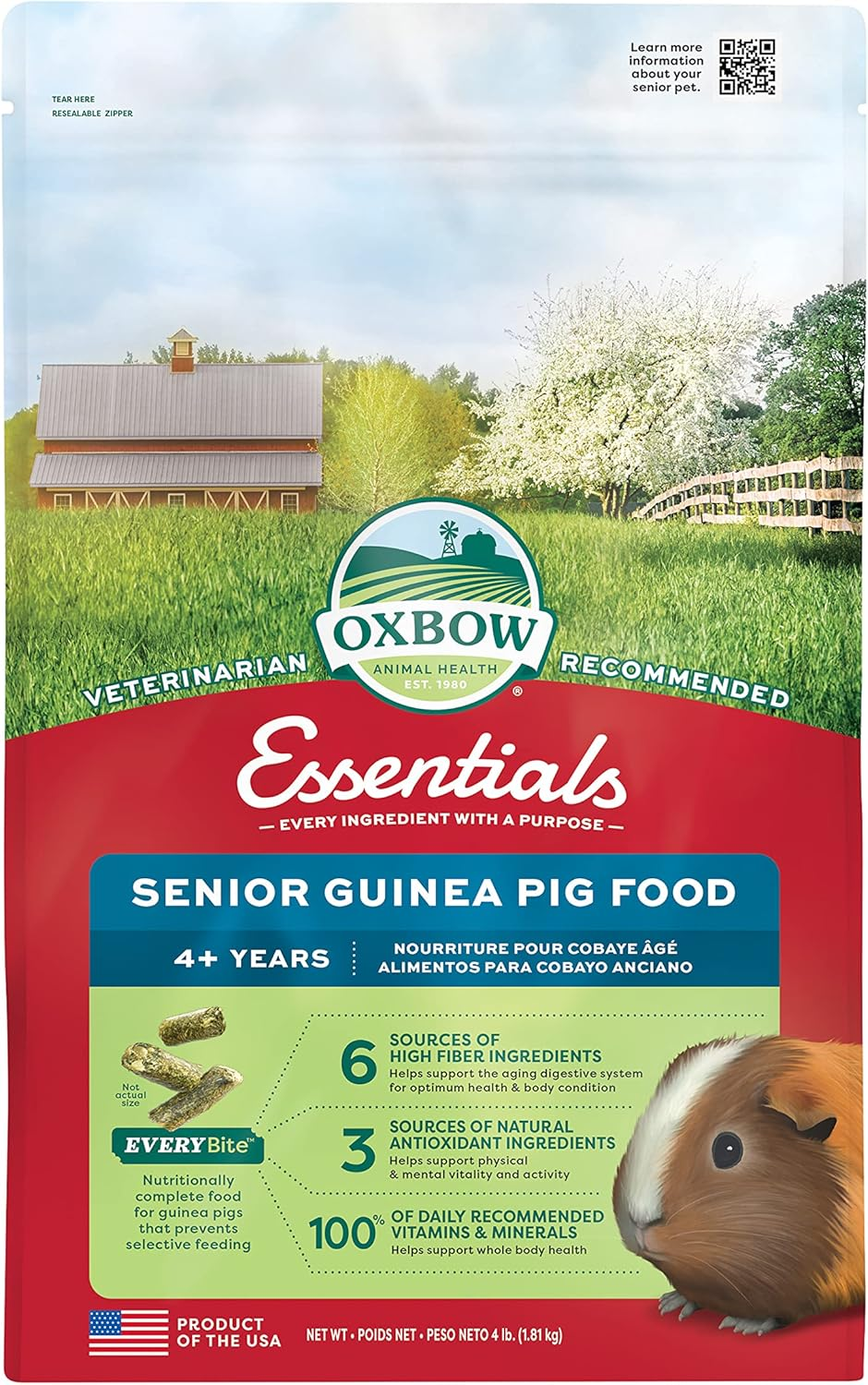 Oxbow Essentials Guinea Pig Food, Senior, Made Alfalfa for Guinea Pig, Pet Food Pellets with Vitamin C, Small Animal Pet Products, Made in USA, High Fiber, 1.81Kg. Bag image number 2