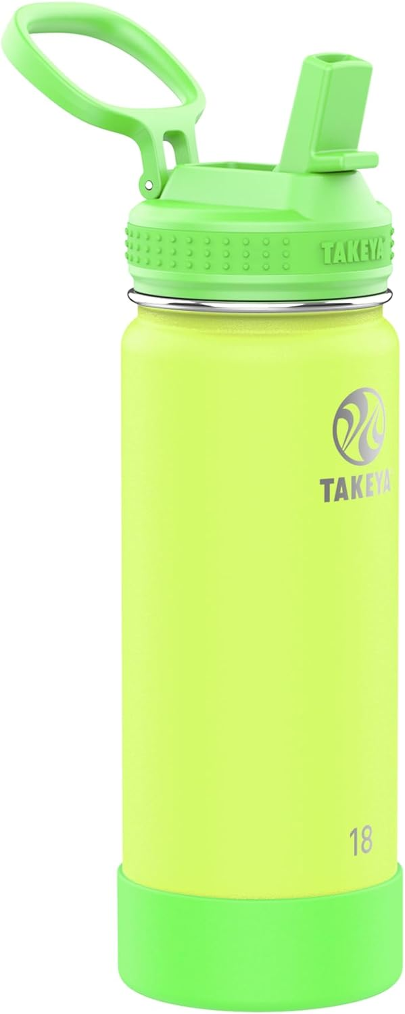 Takeya Actives Kids 18 Oz Glow in the Dark Insulated Stainless Steel Water Bottle with Straw Lid, Lightning Green