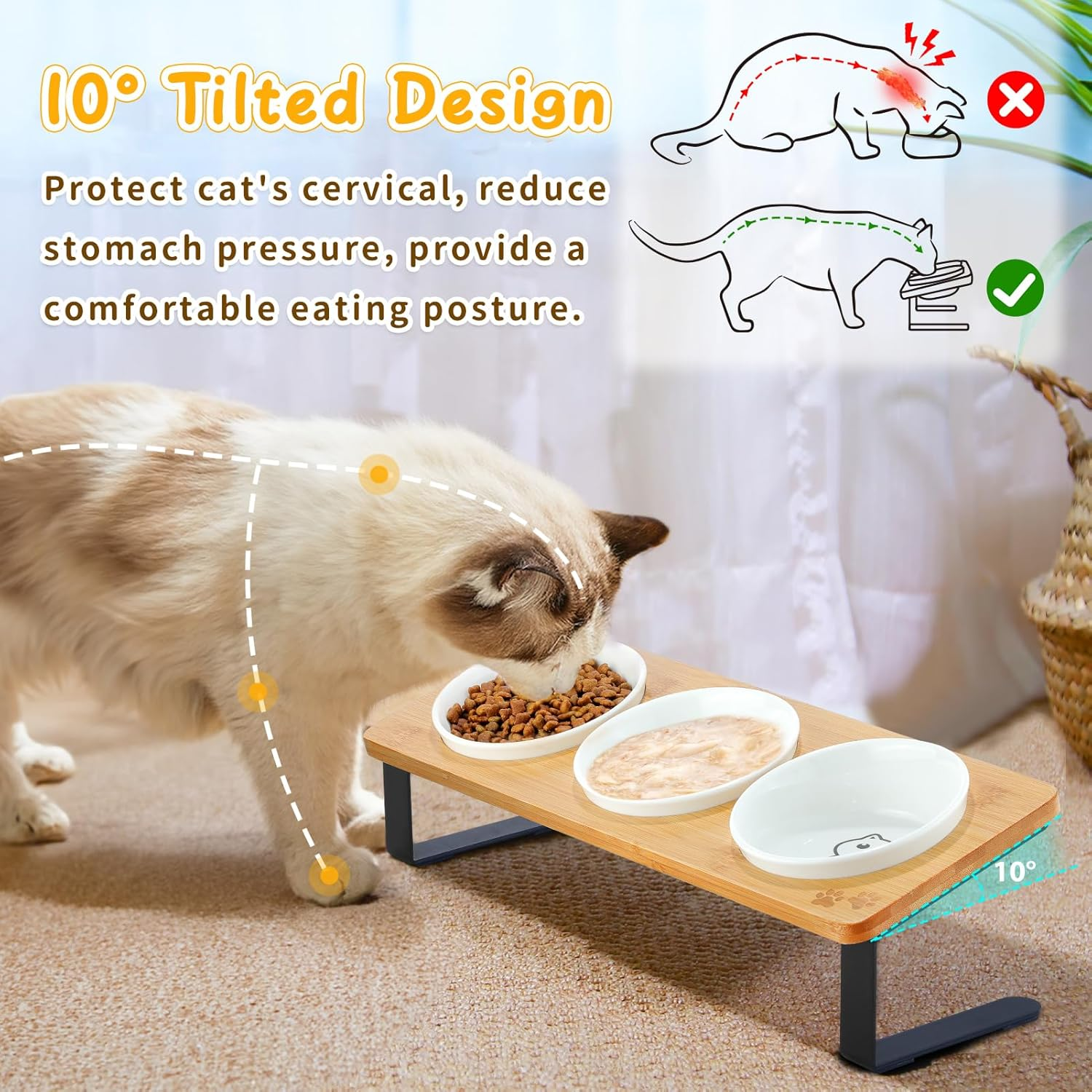 3 Elevated Cat Bowls Tilted anti Vomiting Ceramic Raised Cat Food Bowls for Food and Water, Cat Dishes for Indoor Cats with Non-Slip Stand & Bamboo Board, Dishwasher Safe - 1 Step Assemble image number 1