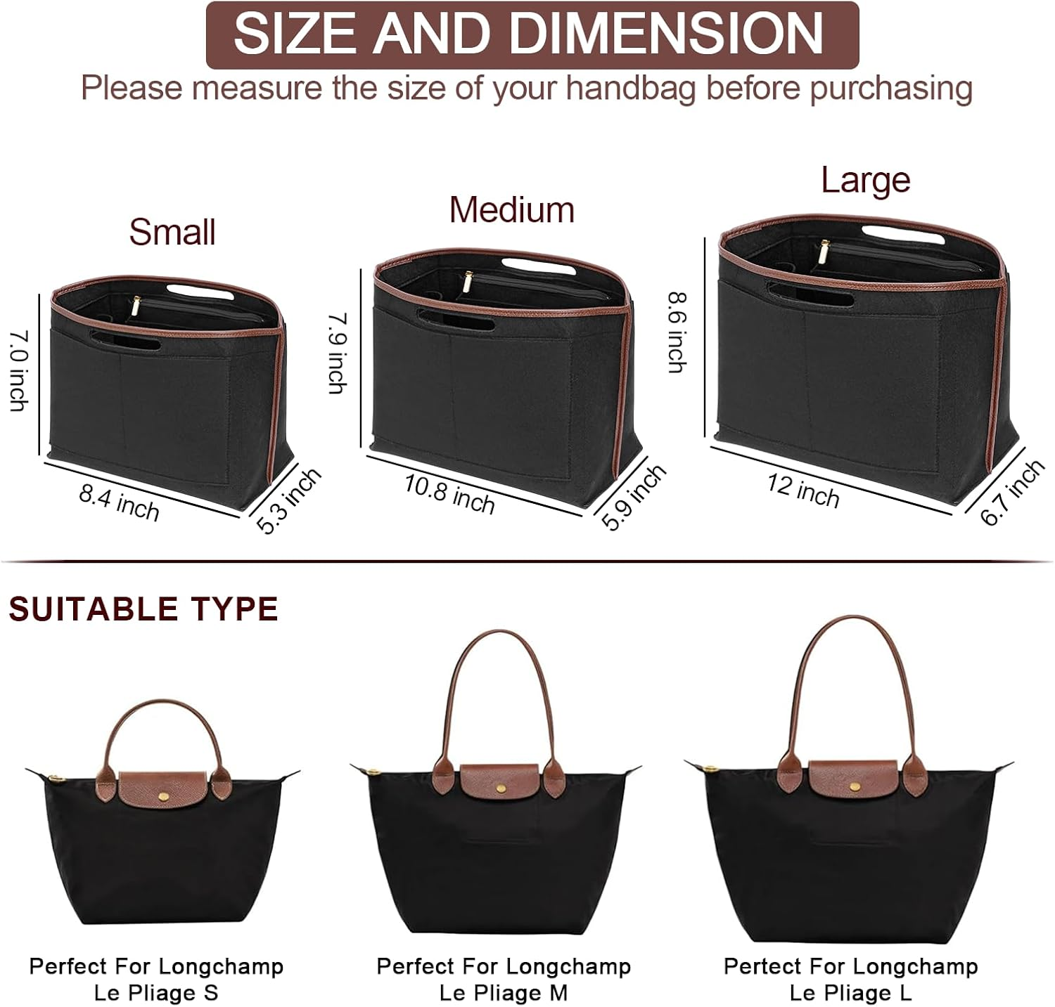 DOIAPUOS Felt Purse Organizer Insert for Longchamp Le Pliage M Bag Handbag Leather Edge Longchamp Organizer Insert (Black, Medium) image number 7