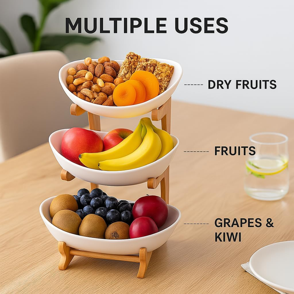 COZYVISTA - 3 Tier Fruit Bowl Stand &ndash; Bamboo Frame with White Ceramic Bowls for Countertop Storage & Display &ndash; Tiered Fruit Holder for Kitchen, Dining, or Pantry &ndash; Space-Saving & Modern Design