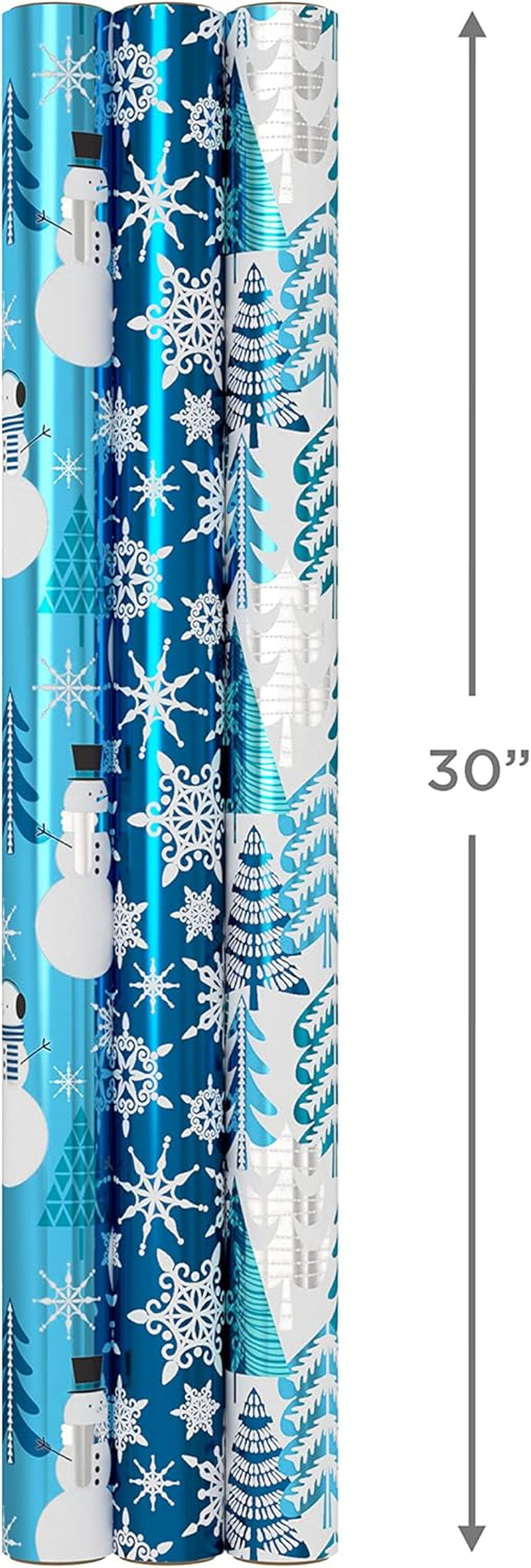 Hallmark Blue Foil Christmas Wrapping Paper with Cut Lines on Reverse (3 Rolls: 60 Sq. Ft. TTL) Snowmen, Snowflakes, Christmas Trees image number 2
