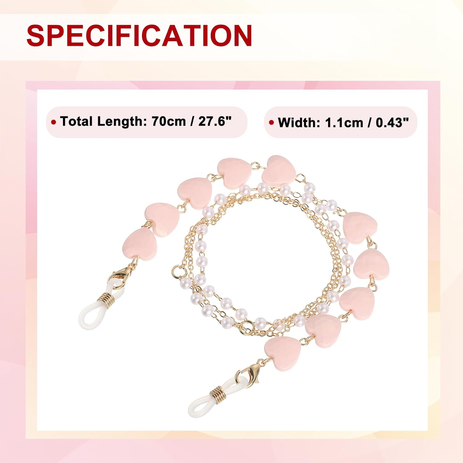 Uxcell Beads Eyeglass Chain, Pearl Glasses Strap Eyewear Retainer Chain around Neck Sunglass Holder for Girls Women, Pink Heart image number 2