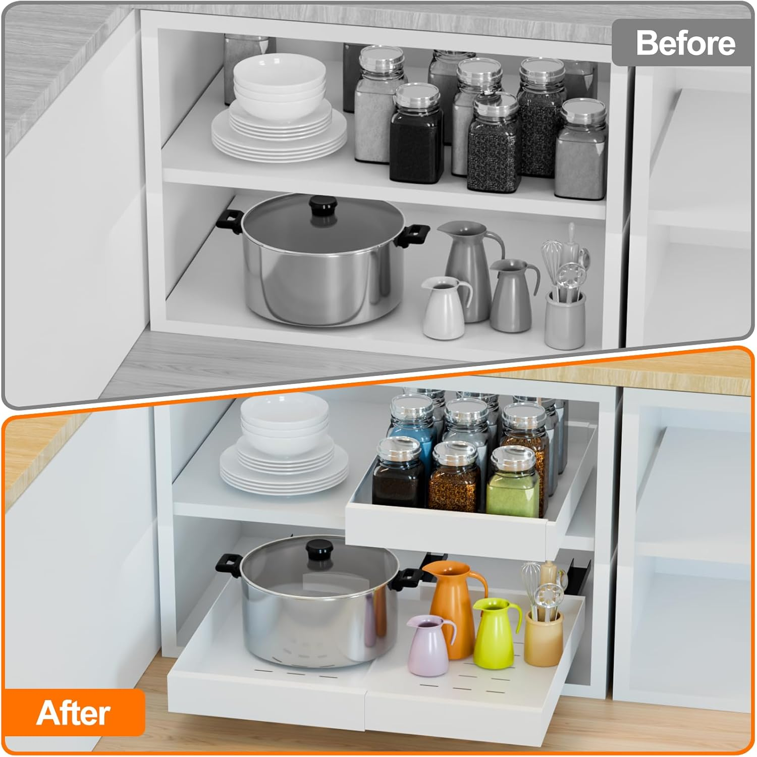 FLSEPAMB 2 Pack Pull Out Cabinet Organizer, Expandable Pull Out Kitchen Cabinet Organizer（31Cm to 53Cm W）, Pull Out Drawers with Adhesive Film for Kitchen Cabinet,Laundry, Pantry, Bathroom image number 3