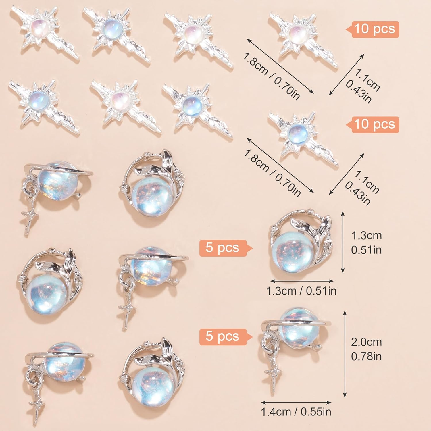 30Pcs 3D Planet Nail Charm Mermaid Eye Charm for Acrylic Nails Sliver Blue Alloy Cross Rhinestones Valentines Wedding Y2K Jewels Gems for Phone Cases Hair Clips image number 6
