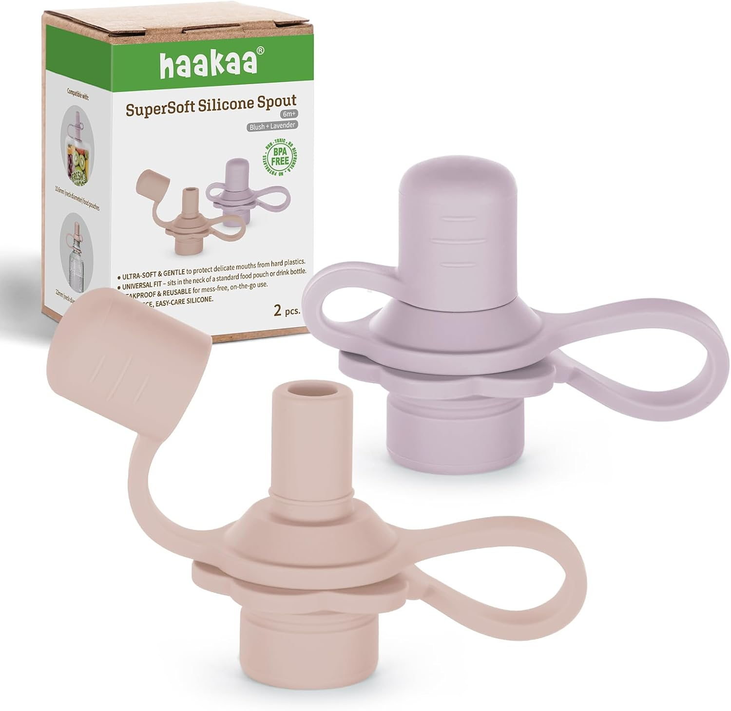Haakaa Multi-Functional Silicone Spout,Baby Pouch Topper,No Spill Silicone Bottle Top,100% Food Grade Silicone,2 Pack