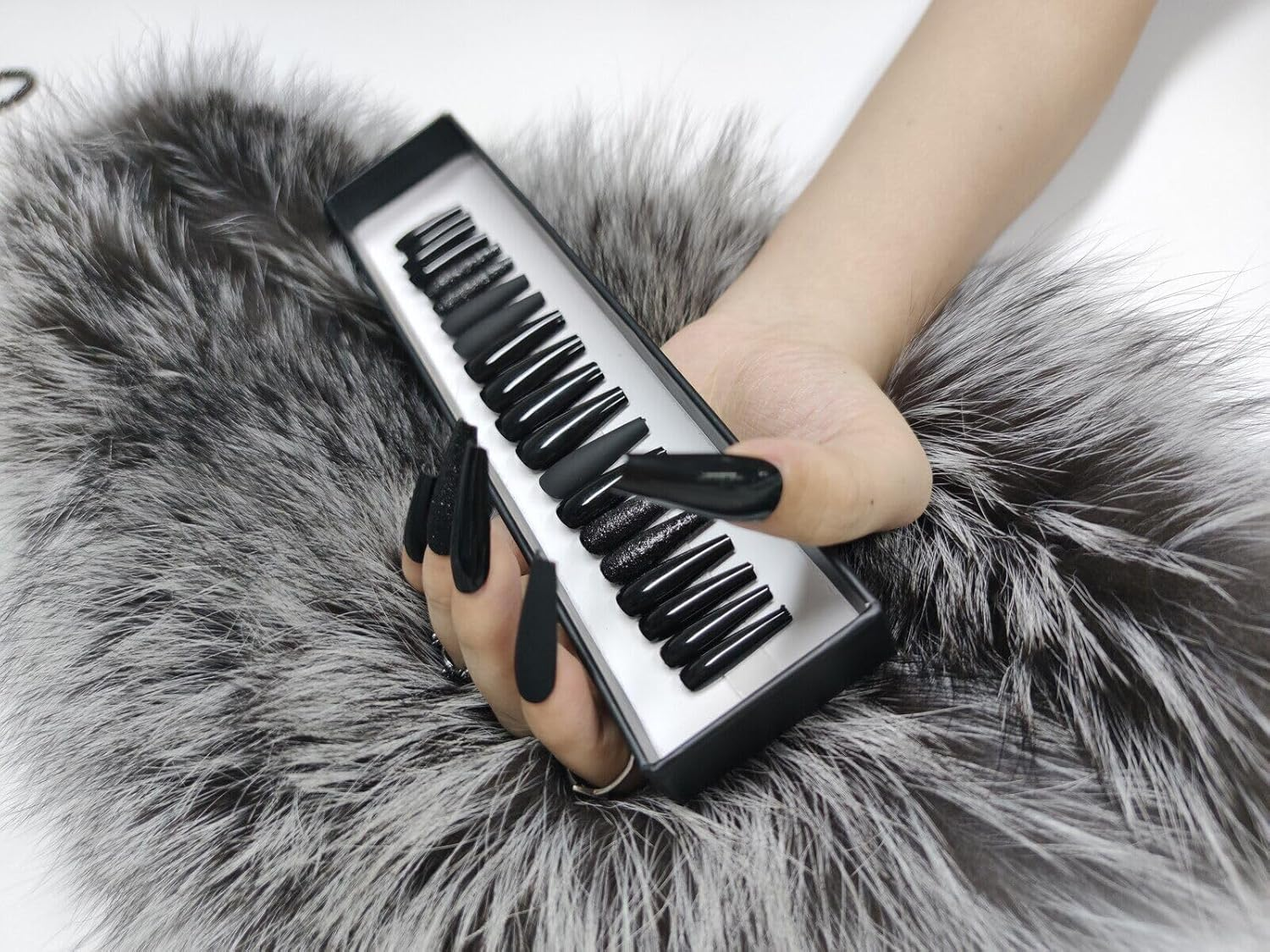 Press on Nails Fake Long Coffin Nail Tips Black Mix 20 Pcs image number 2