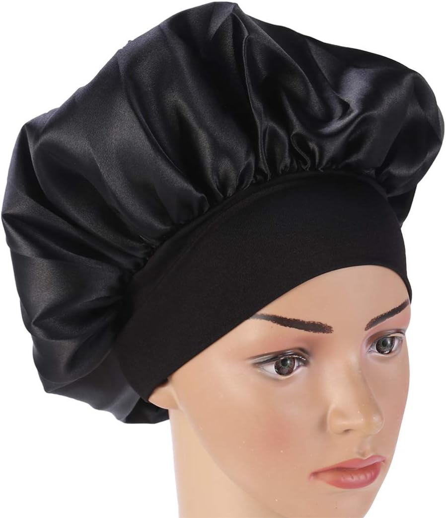 ARTIBETTER Sleep Night Cap Wide Band Bonnet Cap Night Head Cover Soft Hair Turban Hair Loss Hat for Women Size M (Black) 56-58Cm image number 5